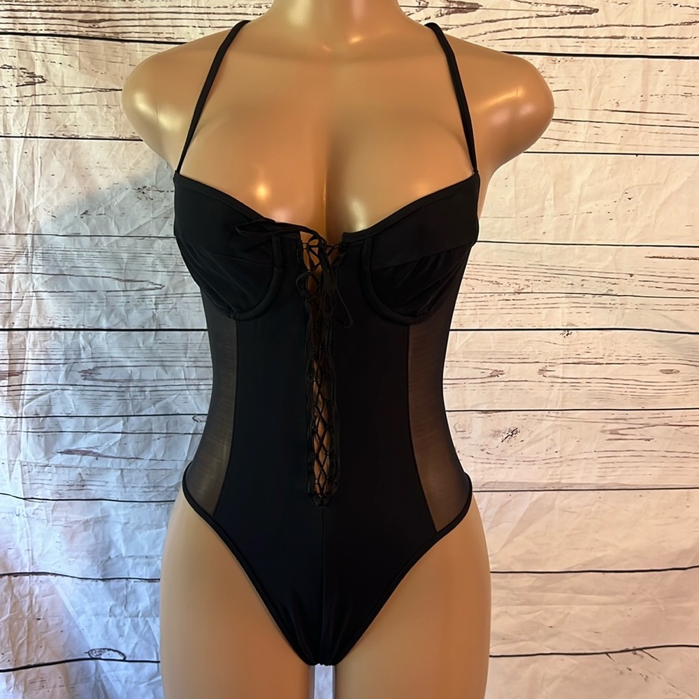 Sexy Vintage 90’s Black Lace-up Bathing Suit w/Mesh Panels